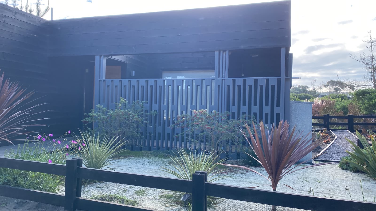 Frente de la casa con cordylines y flores moradas junto a la terraza
